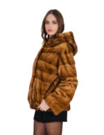 Horizontal gold mink jacket size 48 with long sleeves and 66cm long mink fur lined hood - Image 3