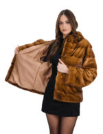 Horizontal gold mink jacket size 48 with long sleeves and 66cm long mink fur lined hood - Image 6
