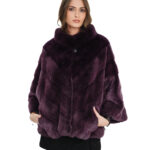 Burgundy mink cape with horizontal V-neck, three-quarter sleeves, size 44-52, piping collar