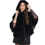 Mink cape 48 - 56 horizontal black mink hood internal fur belt bat sleeve 68 cm high