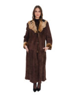 Very long coat 126 cm sheepskin outside brown leather and inside spotted fur 50 raw cut shawl collar and cuffs with turn-ups - Image 4