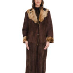 Very long coat 126 cm sheepskin outside brown leather and inside spotted fur 50 raw cut shawl collar and cuffs with turn-ups