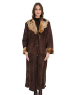Very long coat 126 cm sheepskin outside brown leather and inside spotted fur 50 raw cut shawl collar and cuffs with turn-ups