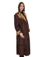 Very long coat 126 cm sheepskin outside brown leather and inside spotted fur 50 raw cut shawl collar and cuffs with turn-ups - Image 2