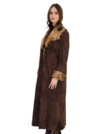 Very long coat 126 cm sheepskin outside brown leather and inside spotted fur 50 raw cut shawl collar and cuffs with turn-ups - Image 3