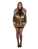 Brown rabbit fur jacket with black fur inside, size 46, large fox collar, shawl collar, long sleeves, button and buttonhole closure - Image 4