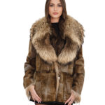 Brown rabbit fur jacket with black fur inside, size 46, large fox collar, shawl collar, long sleeves, button and buttonhole closure