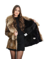 Brown rabbit fur jacket with black fur inside, size 46, large fox collar, shawl collar, long sleeves, button and buttonhole closure - Image 6