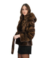 Mink jacket size 42 demi horizontal with fur belt hood long sleeves 60 cm long - Image 2
