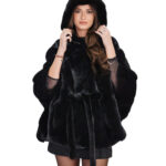 Black mink cape 48 - 56 horizontal hood internal fur belt bat sleeve 74 cm high