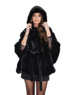 Black mink cape 48 - 56 horizontal hood internal fur belt bat sleeve 74 cm high
