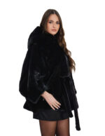 Black mink cape 48 - 56 horizontal hood internal fur belt bat sleeve 74 cm high - Image 2