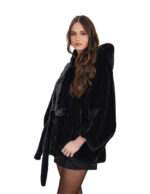Black mink cape 48 - 56 horizontal hood internal fur belt bat sleeve 74 cm high - Image 3