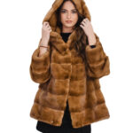 Gold mink jacket 56 long sleeve hook closure hood lined with horizontal mink furs kopenaghen furs