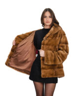 Gold mink jacket 56 long sleeve hook closure hood lined with horizontal mink furs kopenaghen furs - Image 6