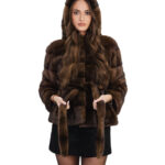 Mink jacket size 42 demi horizontal with fur belt hood long sleeves 60 cm long