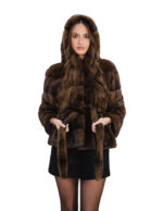 Mink jacket size 42 demi horizontal with fur belt hood long sleeves 60 cm long