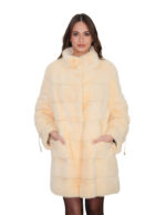 Vanilla mink fur horizontal coat size 48 long sleeve with drawstring collar 84 cm