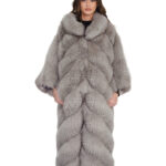 122 cm langer Fuchspelzmantel mit Fledermausärmeln, grau, Einheitsgröße (passend für alle Größen von 42 bis 60)