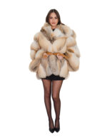 Natural fox fur cape, V-neck, one size, batwing sleeve, internal leather belt - Image 4