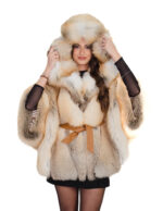 Natural fox fur cape, V-neck, one size, batwing sleeve, internal leather belt