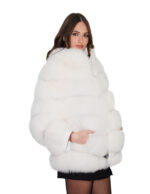 Horizontal white fox jacket 44 hood long sleeve with leather cuff hook closure - Image 3