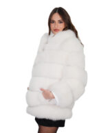 Horizontal white fox jacket 44 hood long sleeve with leather cuff hook closure - Image 2