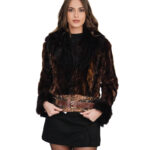 Brown mink petal jacket size 42 with fox collar and leather bottom, long sleeves, fox cuffs
