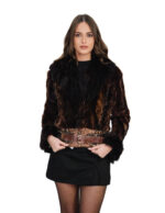 Giacchino in petali di visone marrone 42 con collo volpe e fondo in pelle manica lunga polsi volpe