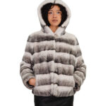 Jacke 48 weiß schattiert schwarz, genannt Frosted Mink, 48 Pelz Damen langärmelig Kapuze Hakenverschluss Außentaschen