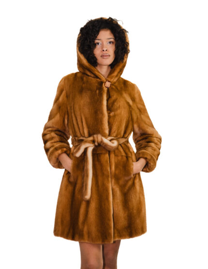 Pelzgürtel und Kapuzenmantel, goldfarben, 42 cm, Nerzpelz, Ganzlederärmel mit Manschettenhaken