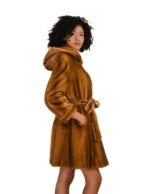 Pelzgürtel und Kapuzenmantel, goldfarben, 42 cm, Nerzpelz, Ganzlederärmel mit Manschettenhaken – Bild 3