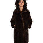 Cappotto a campana mogano 42 visone pelliccia verticale collo sciallato chiusura ganci manica lunga tasche esterne