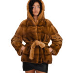 Giacca gold cintura esterna pelliccia visone 46 cappuccio manica lunga cintura esterna ganci