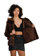 Visone demi 42 orizzontale a fasce sottili corpo fasce grandi maniche cappuccio foderato pelliccia tasche esterne - immagine 6