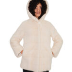 Horizontaler Nerzmantel, Größe 44, beigefarbenes Fell, lange Ärmel, Kapuze, gefüttert, Hakenverschluss