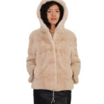 Beige Nerzjacke für Damen, Größe 48, mit Kordelzug in der Taille, langen Ärmeln, Pelzbesatz, Außentaschen und Hakenverschluss