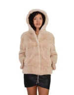 Giacca donna beige visone 48 coulisse vita manica lunga pelliccia tasche esterne chiusura ganci