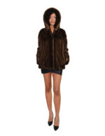 Giacca visone demi cappuccio pelliccia donna 50 pelle intera e maniche a V coulisse vita chiusura ganci - immagine 4