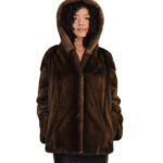 Giacca visone demi cappuccio pelliccia donna 50 pelle intera e maniche a V coulisse vita chiusura ganci