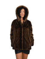 Giacca visone demi cappuccio pelliccia donna 50 pelle intera e maniche a V coulisse vita chiusura ganci