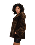 Giacca visone demi cappuccio pelliccia donna 50 pelle intera e maniche a V coulisse vita chiusura ganci - immagine 2