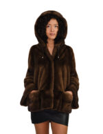 Giacca visone donna pelliccia 46 pelle intera e fondo e polsi orizzontale cappuccio foderato in pelliccia chiusura ganci