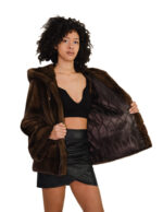 Giacca visone donna pelliccia 46 pelle intera e fondo e polsi orizzontale cappuccio foderato in pelliccia chiusura ganci - immagine 6