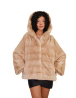 Giacca 44-56 cappuccio visone pelliccia beige orizzontale busto e pelle intera manica coulisse sul fondo