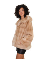 Giacca 44-56 cappuccio visone pelliccia beige orizzontale busto e pelle intera manica coulisse sul fondo - immagine 3