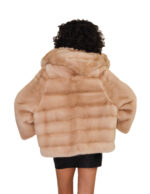 Giacca 44-56 cappuccio visone pelliccia beige orizzontale busto e pelle intera manica coulisse sul fondo - immagine 5