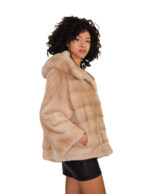 Giacca 44-56 cappuccio visone pelliccia beige orizzontale busto e pelle intera manica coulisse sul fondo - immagine 2