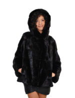 68 cm mink fur jacket, kopenaghen furs 56 black, long sleeve, hood, elastic drawstring under hooks