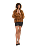 Золотистая норковая куртка, размер 44, длинные рукава, застежка на крючок, короткая, элегантная, женская, из меха. — изображение 4